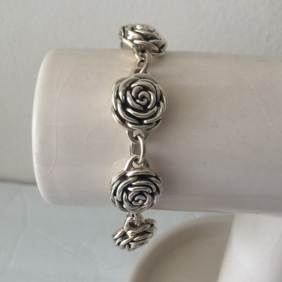 Antiqued Rose Flower Sterling Silver 925 Electroform Floral Link Bracelet - Picture 4 of 15
